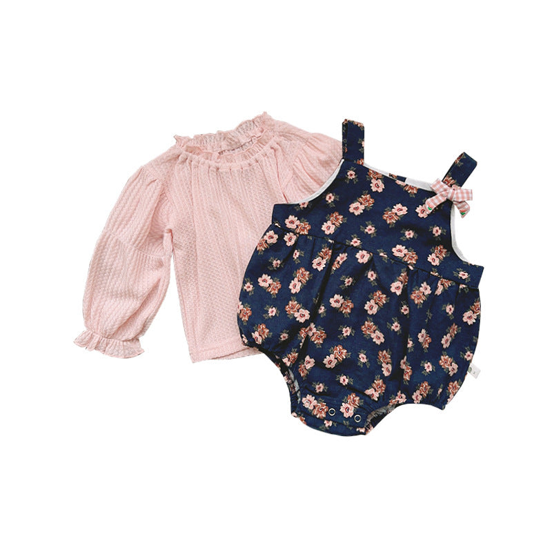 Newborn Clothes Autumn New Style Baby Girl Floral Cotton Bib Overall Long Sleeve Two-Piece Set Bodysuit