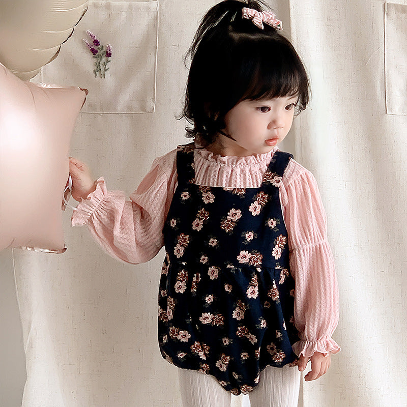 Newborn Clothes Autumn New Style Baby Girl Floral Cotton Bib Overall Long Sleeve Two-Piece Set Bodysuit