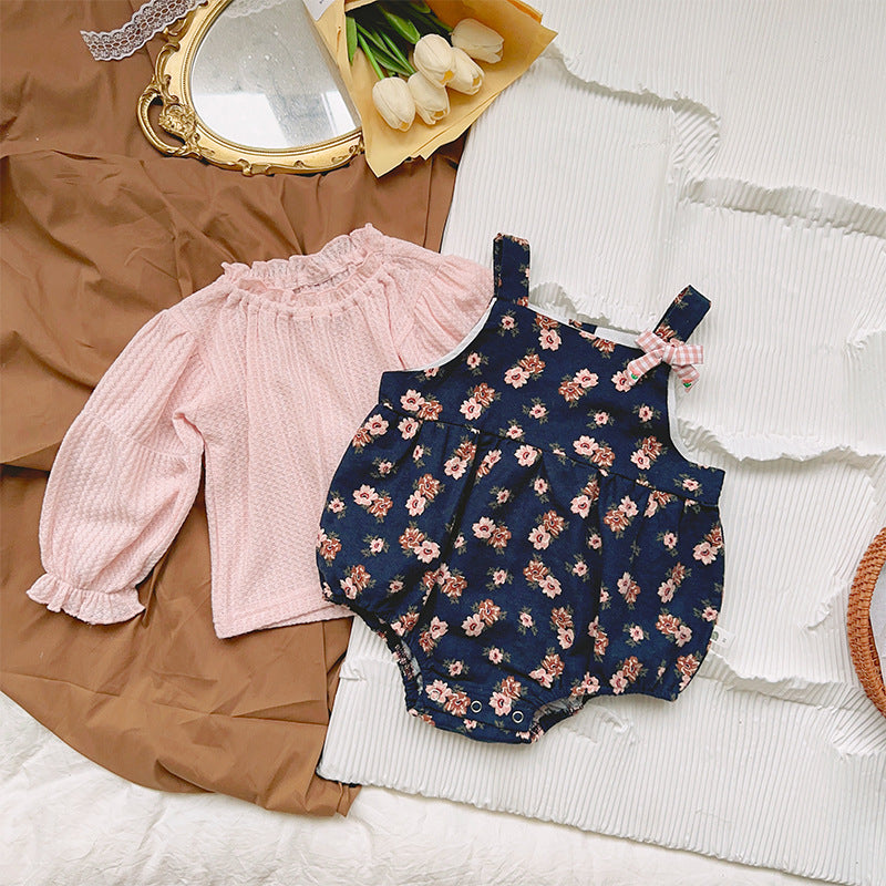 Newborn Clothes Autumn New Style Baby Girl Floral Cotton Bib Overall Long Sleeve Two-Piece Set Bodysuit