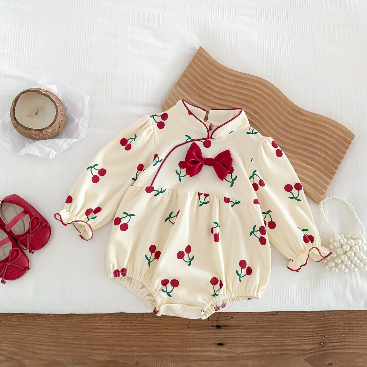Newborn Baby Clothes Spring Autumn Girl Romper Princess Cherry Bodysuit Infant Full Moon 100-Day Diaper Cover