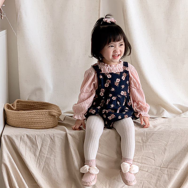 Newborn Clothes Autumn New Style Baby Girl Floral Cotton Bib Overall Long Sleeve Two-Piece Set Bodysuit