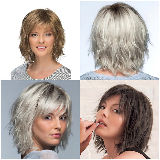 Wig with gradient white gold short curly hair